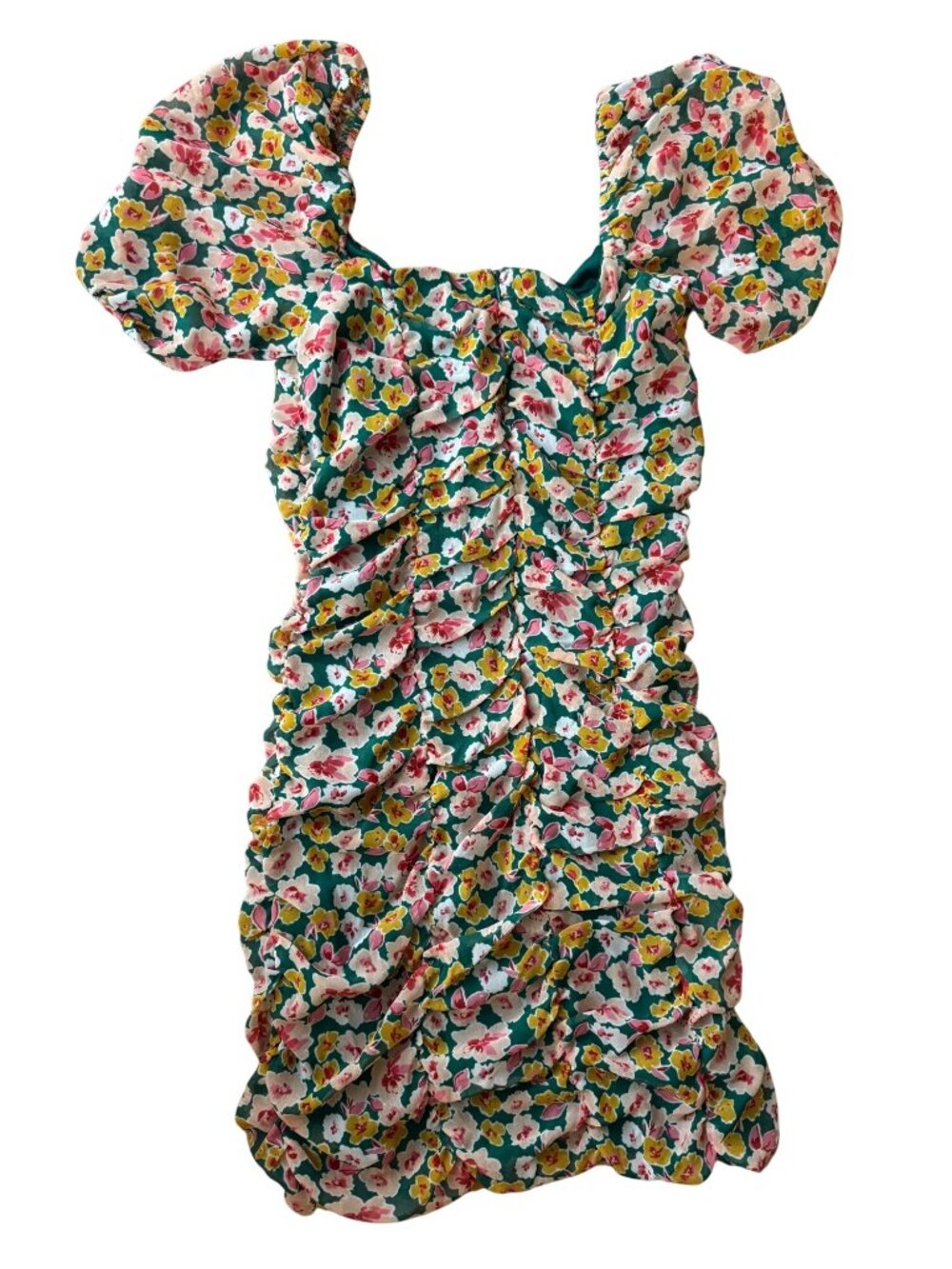 Lush Floral Mini Dress Green Pink Floral Ruched Bodycon Feminine Size M - Picture 3 of 10